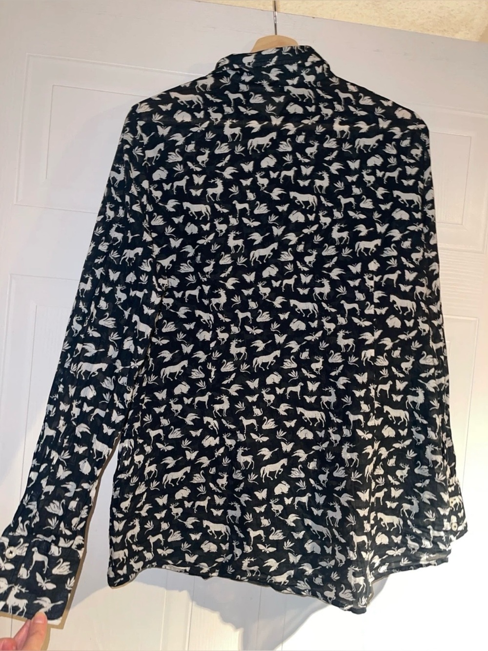 B.S Frankonia Black Sheer Cotton Button-Up Shirt Blouse with White Animal Print - Picture 6 of 11